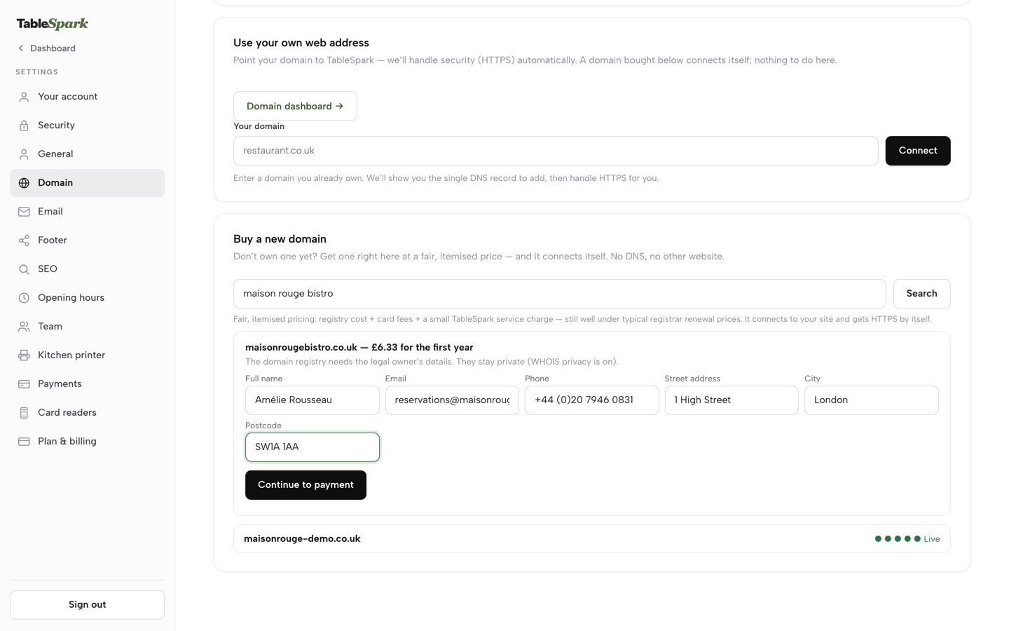 The owner form after pressing Buy, showing the first-year price of £6.33, a note that WHOIS privacy is on, fields for full name, email, phone, address and postcode, and Continue to payment