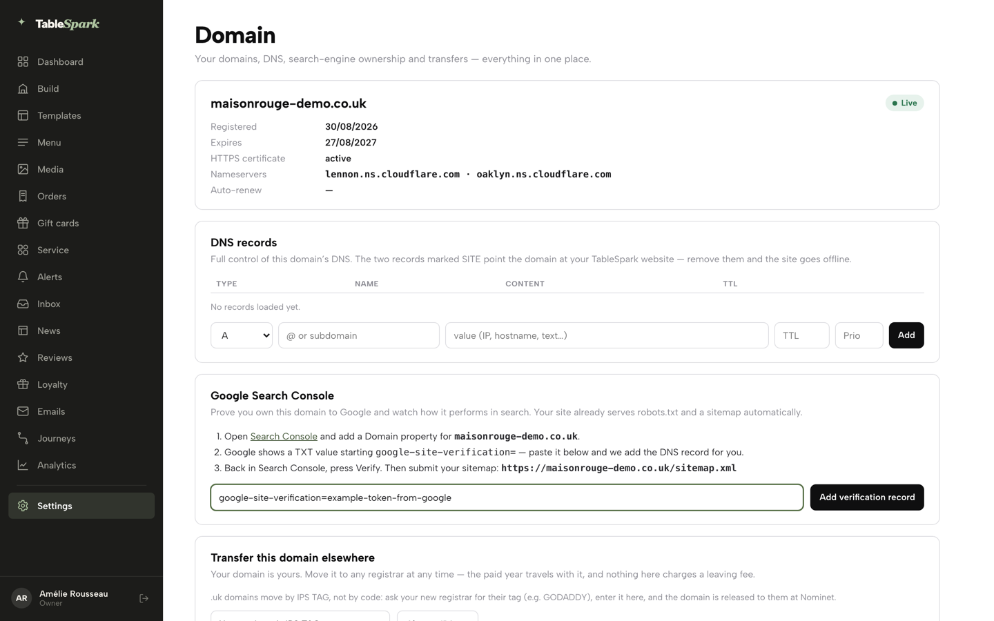 The verification box filled, with the Add verification record button
