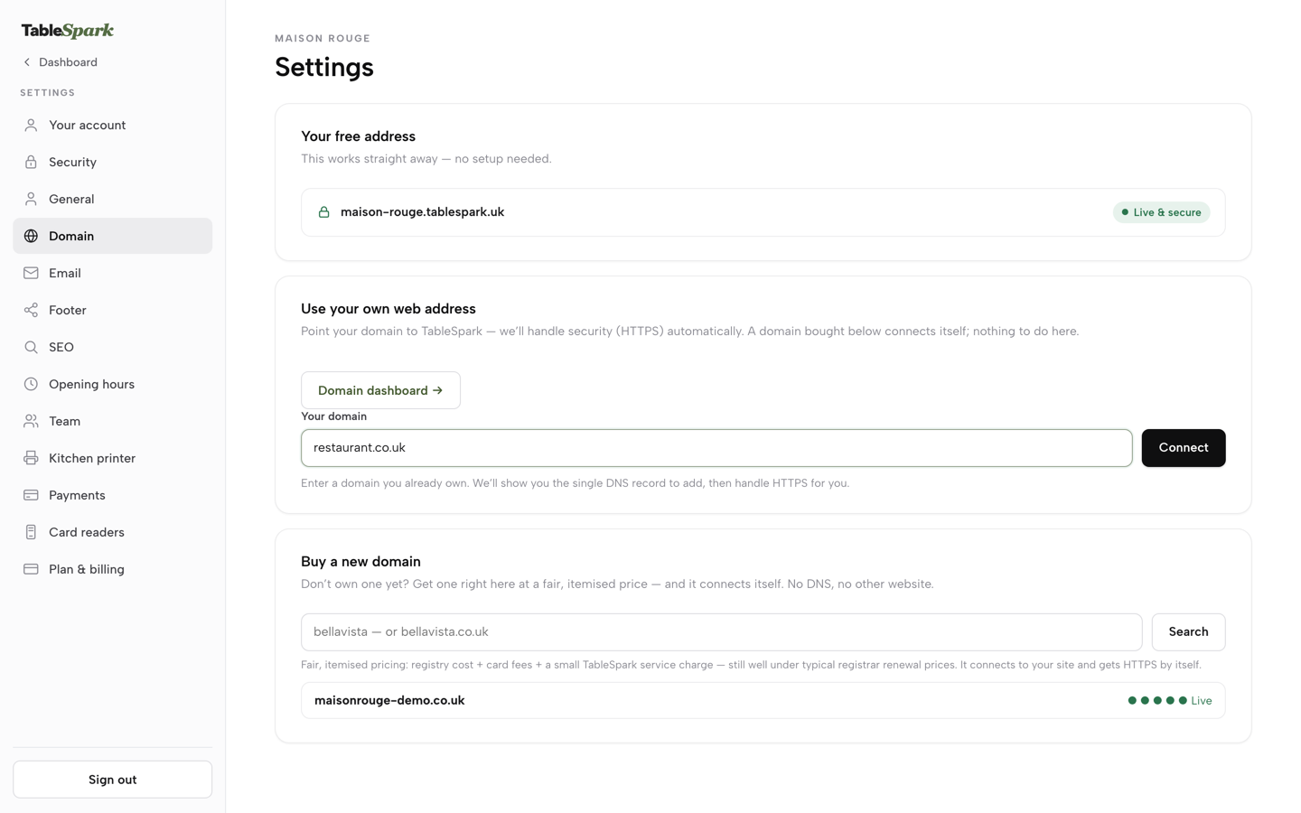 Settings Domain with restaurant.co.uk typed into Your domain and the Connect button