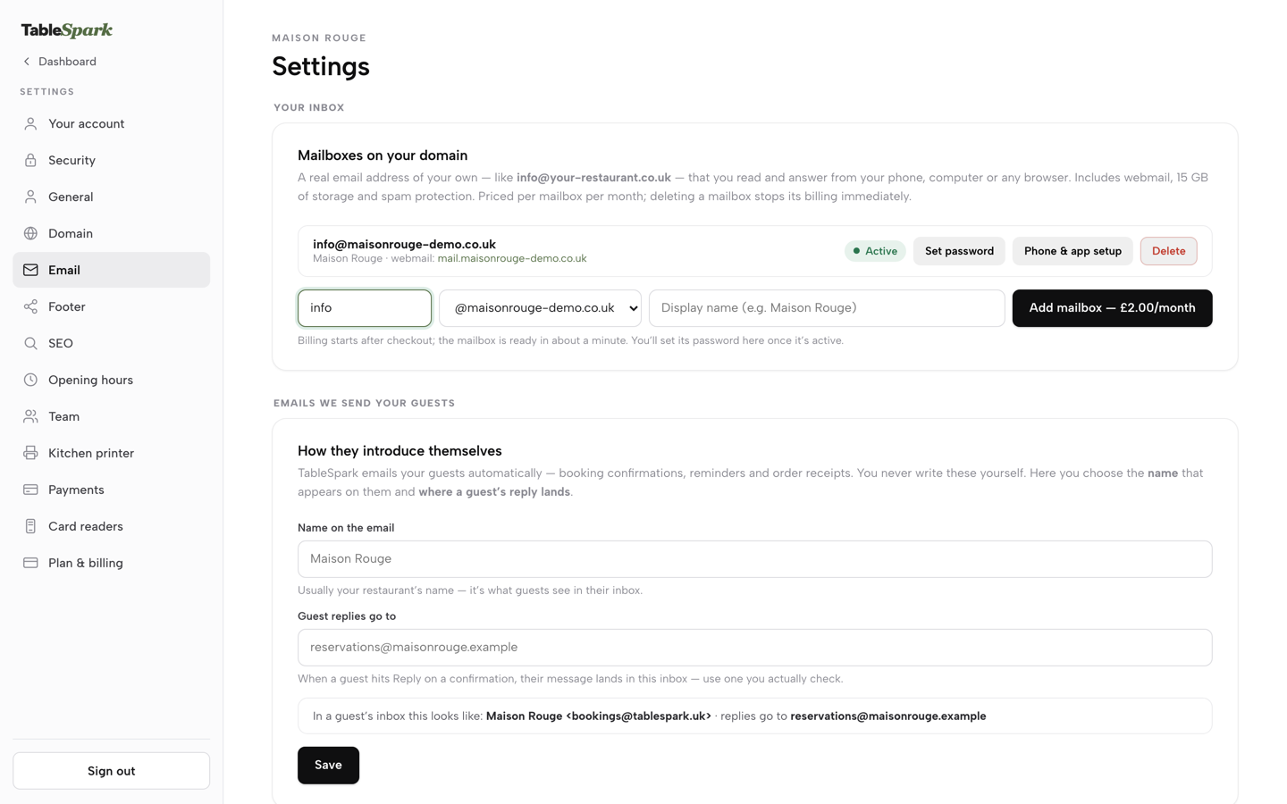 The domain drop-down on the new mailbox row showing @maisonrouge-demo.co.uk