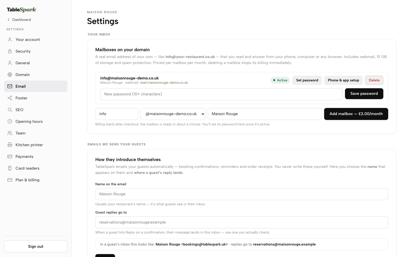 An active mailbox row with the Set password field open, reading New password, 10 or more characters