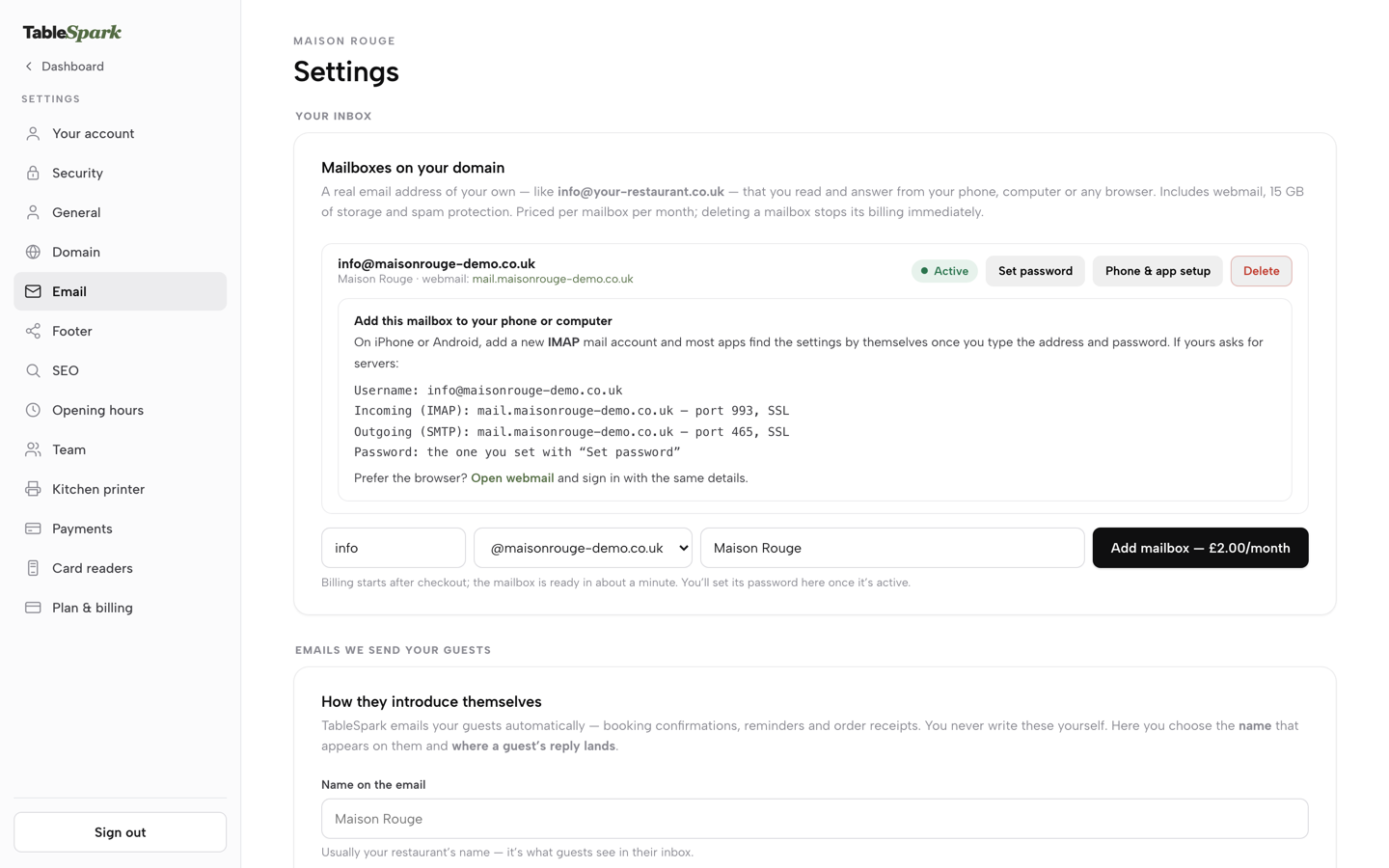 The Phone and app setup panel with the Open webmail link