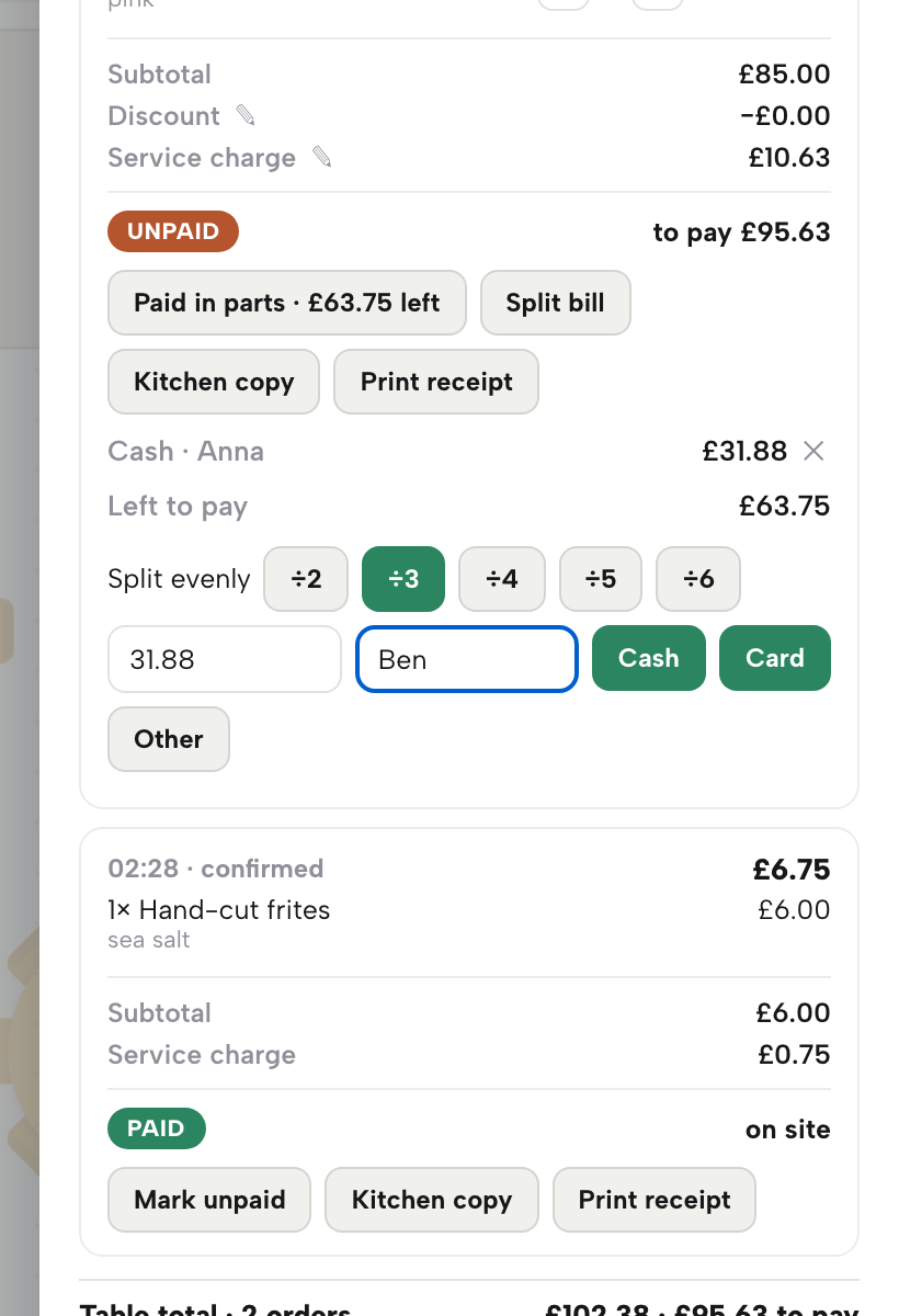 The bill listing Cash Anna with Left to pay and the name Ben typed