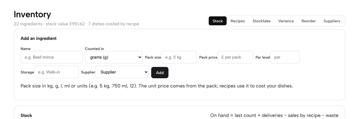 The Inventory tab bar with Stock, Recipes, Stocktake, Variance, Reorder and Suppliers