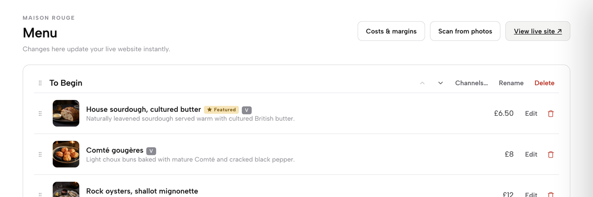 The Menu page header with the Costs and margins button