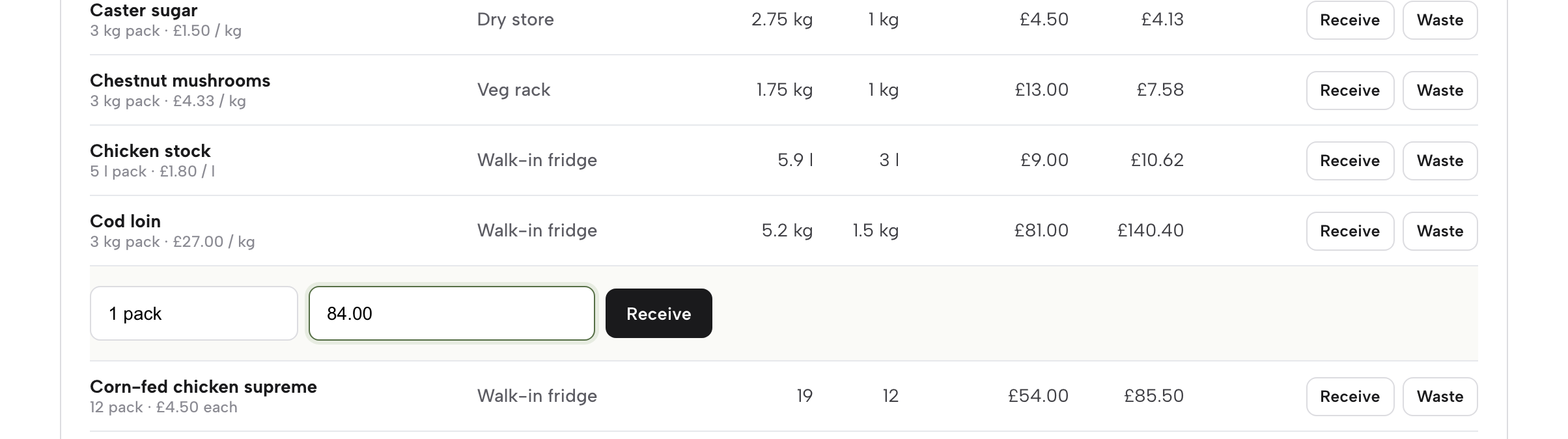 The Receive form under Cod loin with 1 pack and a new pack price of 84.00 typed