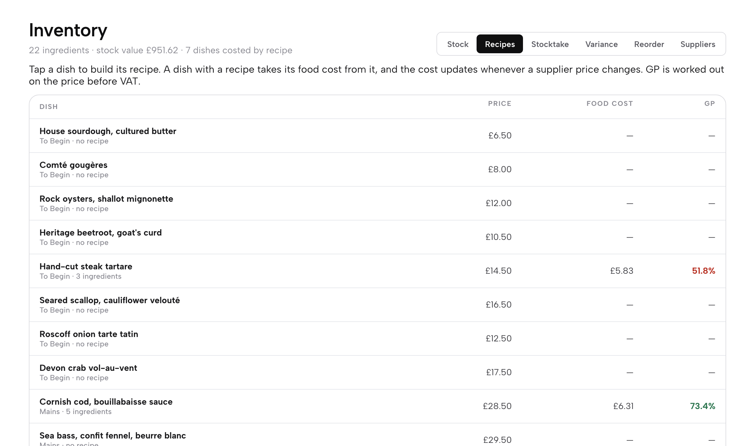 The Recipes tab: every menu dish with price, food cost and GP, some already costed and some marked no recipe