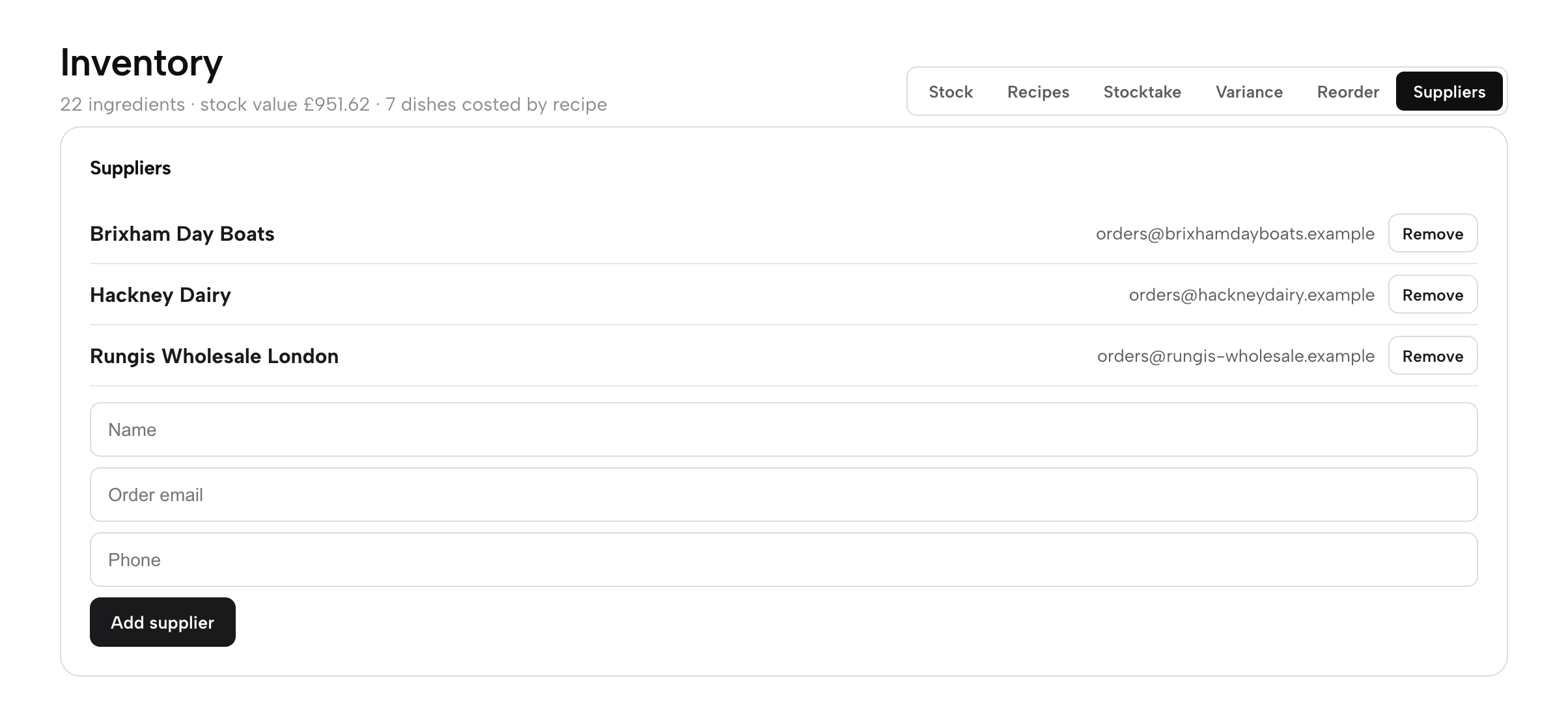 The Suppliers panel listing three suppliers with their order emails and the Add supplier form below