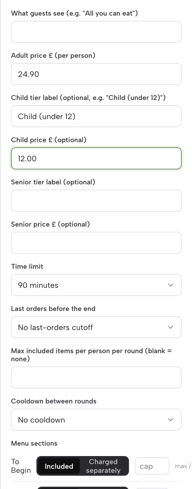 The Order from our menu block's inspector with Offer a buffet (all-you-can-eat) for dine-in switched on: What guests see, an Adult price of £24.90, a Child (under 12) tier at £12.00, empty Senior fields, and Time limit set to 90 minutes