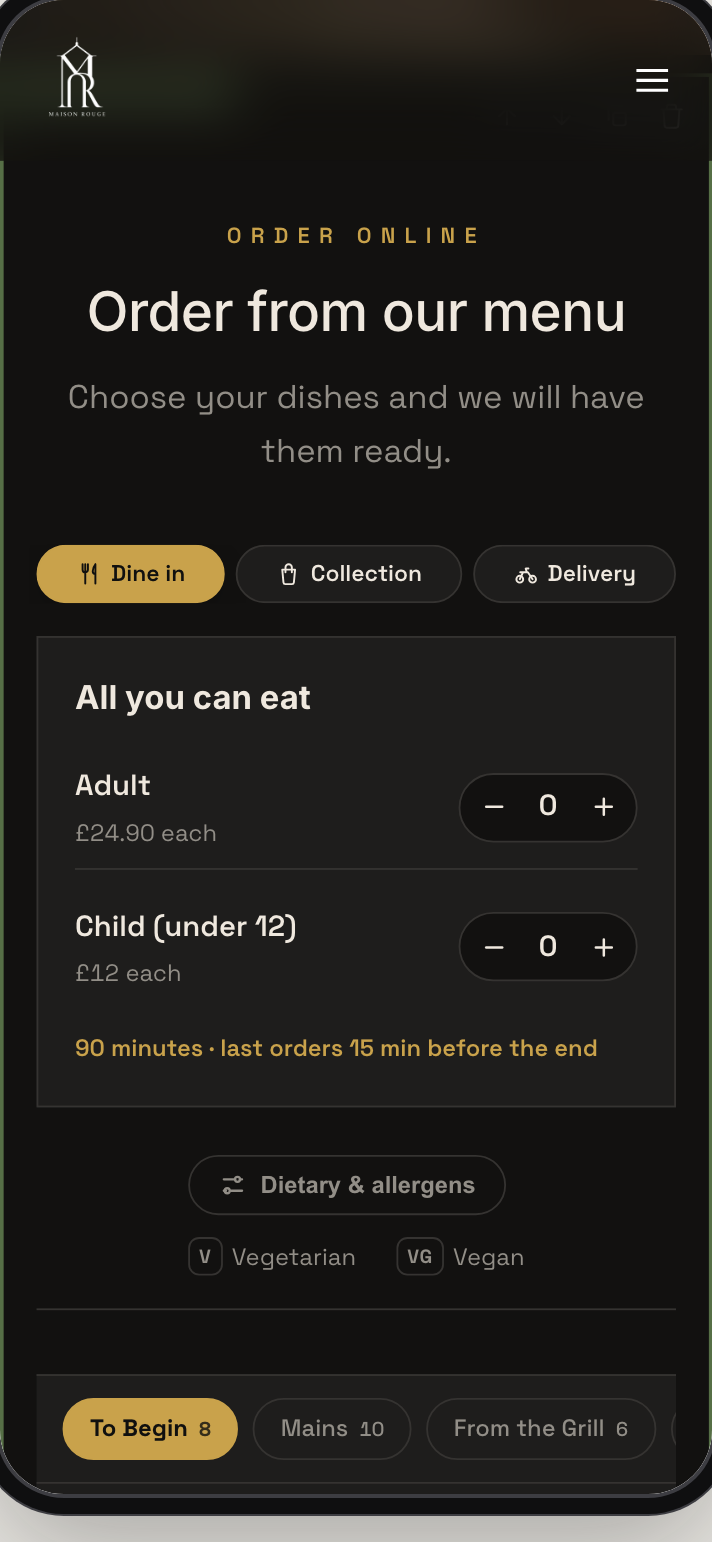 The Builder's phone preview of the Order page with a buffet configured: All you can eat, Adult £24.90 each, Child (under 12) £12 each, and 90 minutes · last orders 15 min before the end, with Dine in selected on the mode bar