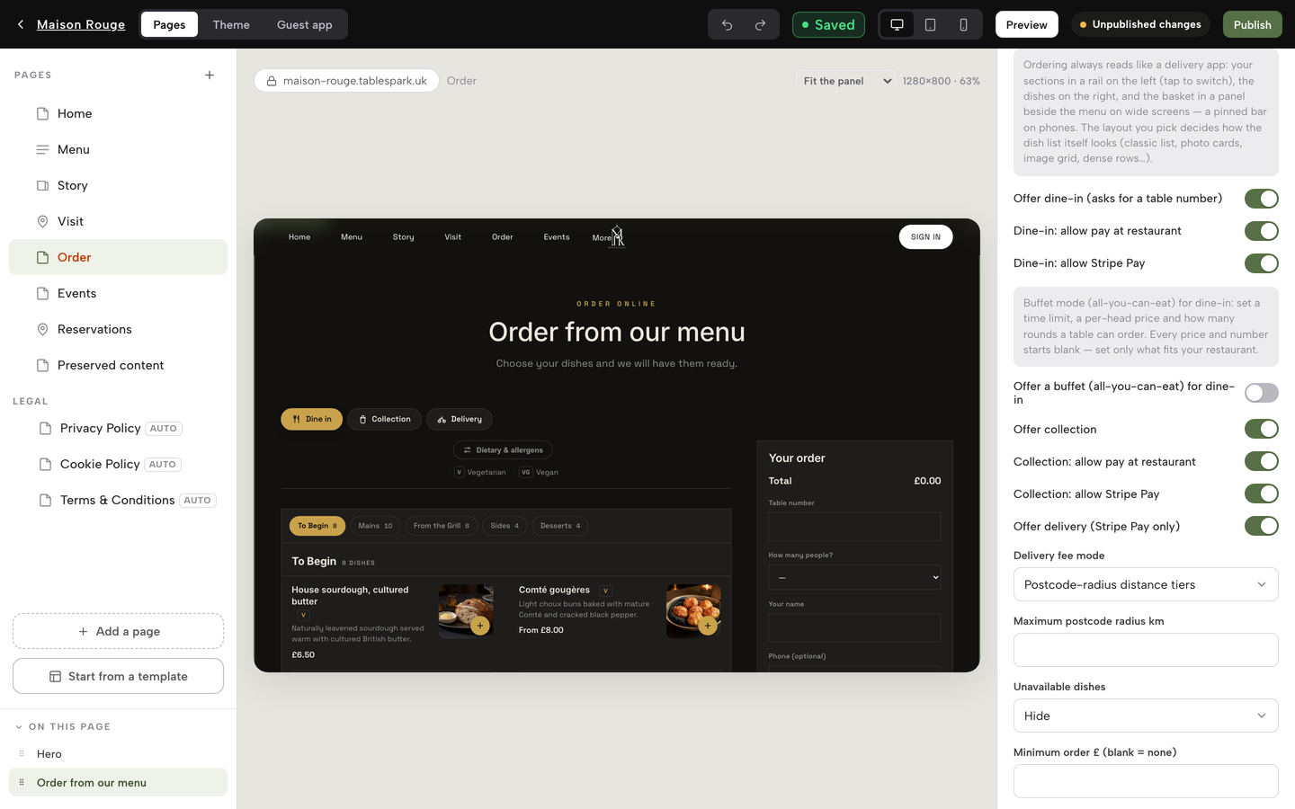 The ordering block settings with Offer dine-in, Offer a buffet, Offer collection and Offer delivery switches