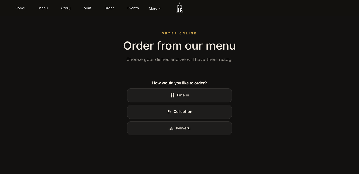 The public Order page asking How would you like to order, with Dine in, Collection and Delivery buttons
