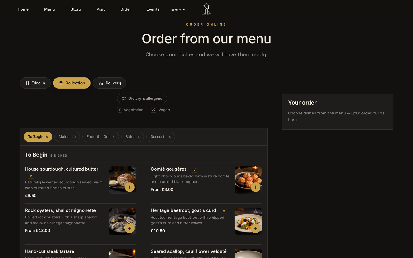 Practice screen: the Order page in Collection mode with To Begin dishes and the Your order panel