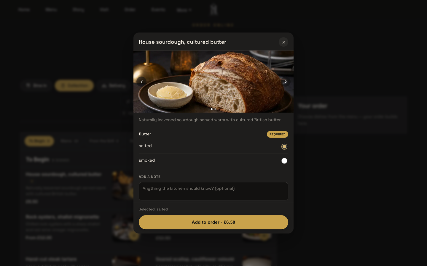Practice screen: the House sourdough dish sheet with salted selected and the Add to order button