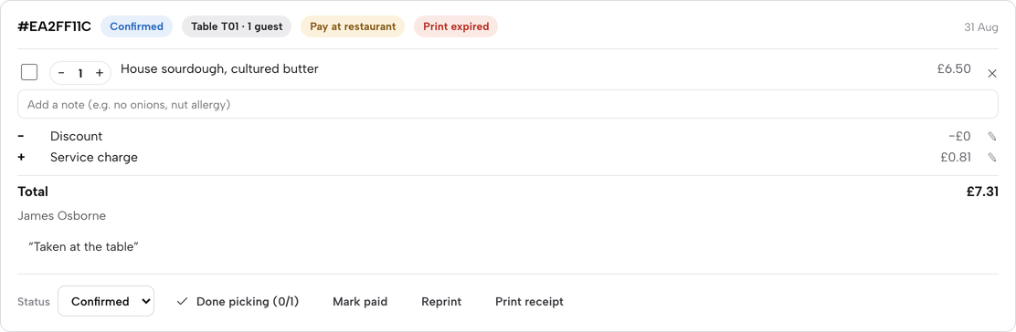 Practice screen: an order card for Table T01, Pay at restaurant, with the Mark paid button