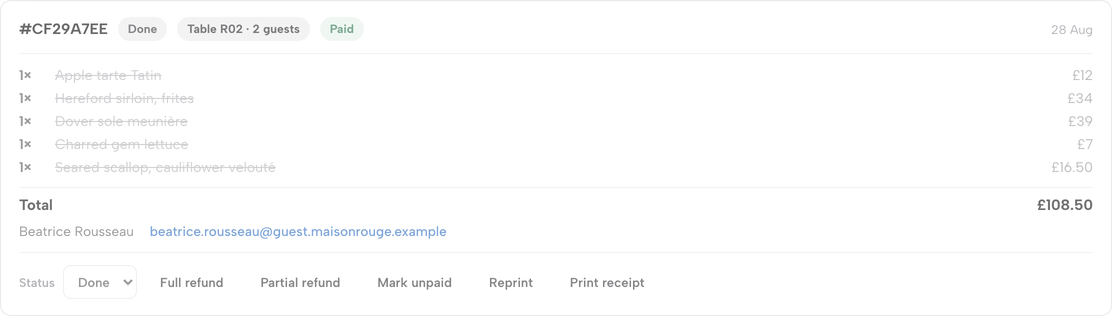 Practice screen: a completed, paid order for Table R02 with Full refund and Partial refund