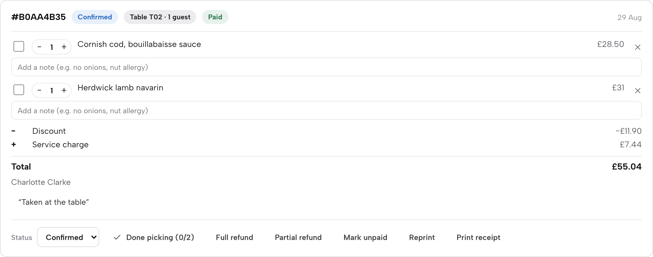 A paid order card showing Confirmed, Table T02 and Paid chips, two line items with a discount applied, and Full refund, Partial refund, Mark unpaid, Reprint and Print receipt buttons