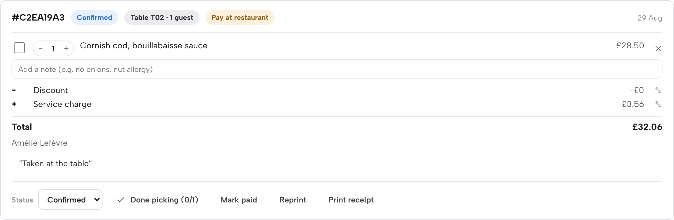 A single order card with Confirmed status, Pay at restaurant, a line item, a Status dropdown, Done picking, Mark paid, Reprint and Print receipt