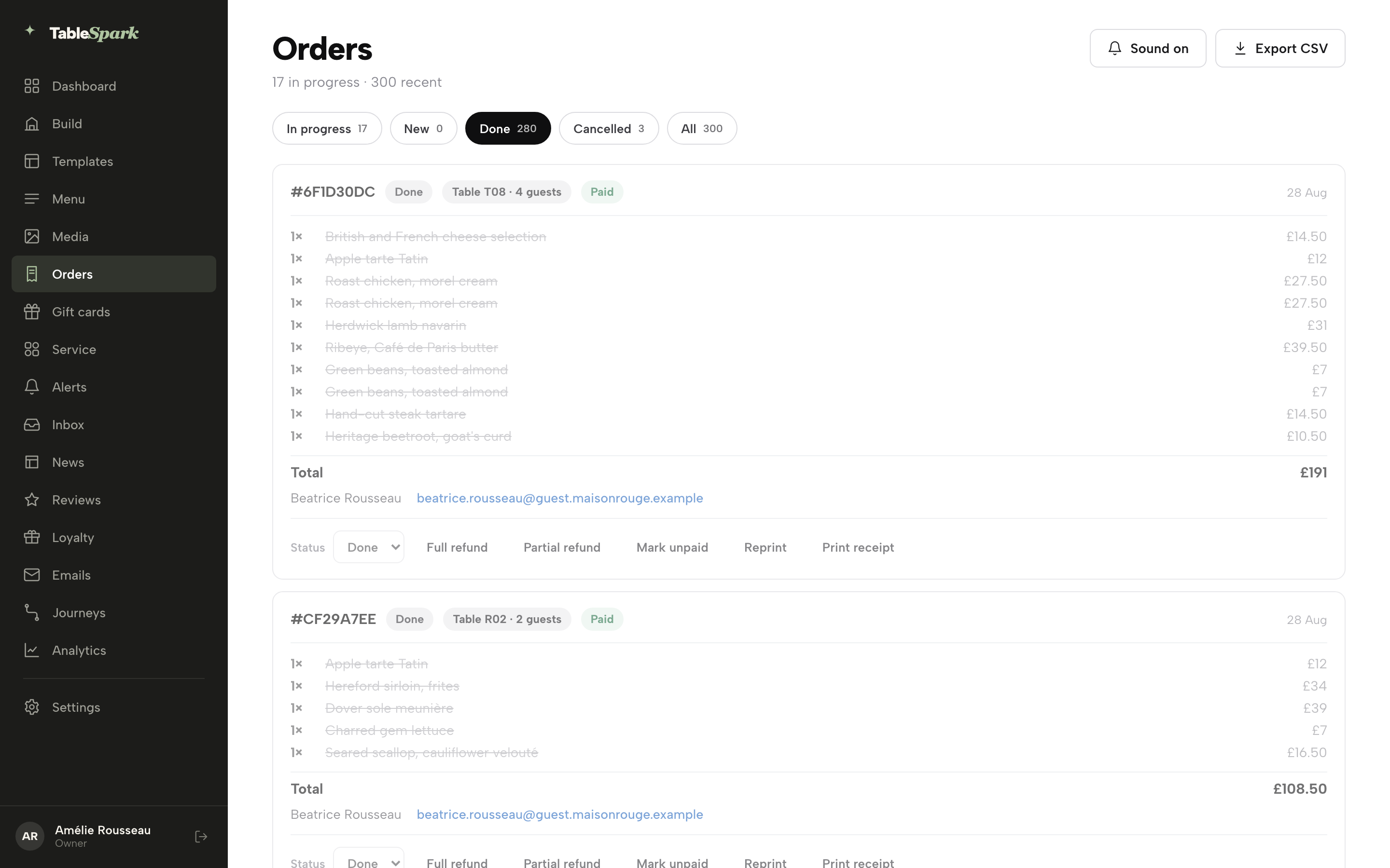 The Done tab: completed orders with every line struck through as prepared, a static receipt with no editing controls, and a disabled Status dropdown reading Done