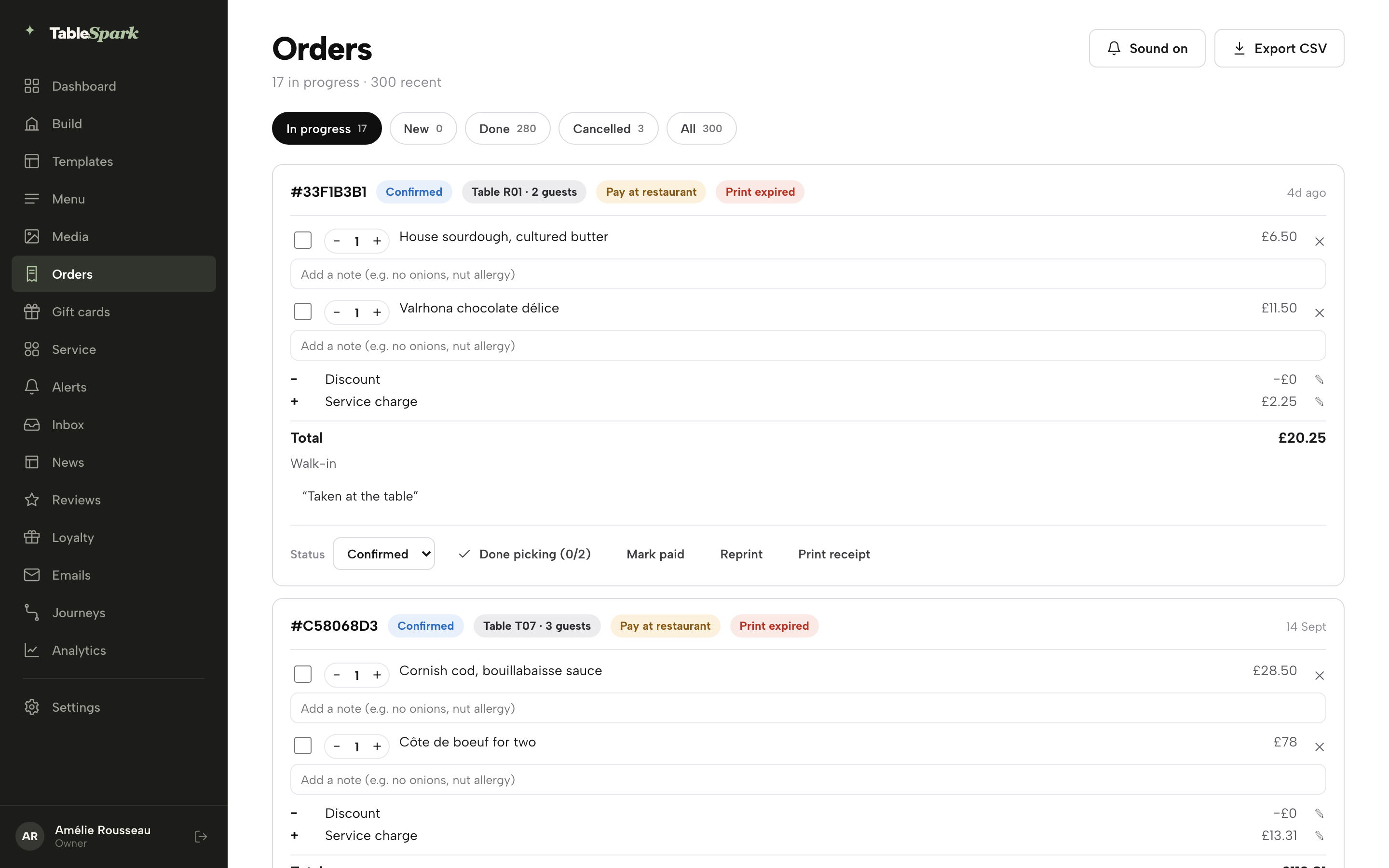 The Orders screen: 17 in progress · 300 recent, the In progress, New, Done, Cancelled and All tabs, and order cards with status chips, per-item quantity steppers, editable Discount and Service charge, totals, guest name, Status dropdown, Done picking, Mark paid, Reprint and Print receipt