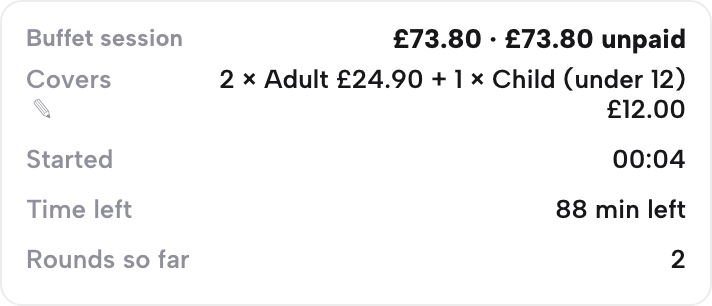 The Buffet session block on a table's sheet in Service: Covers 2 × Adult £24.90 + 1 × Child (under 12) £12.00, Started, Time left 88 min left, Rounds so far 2