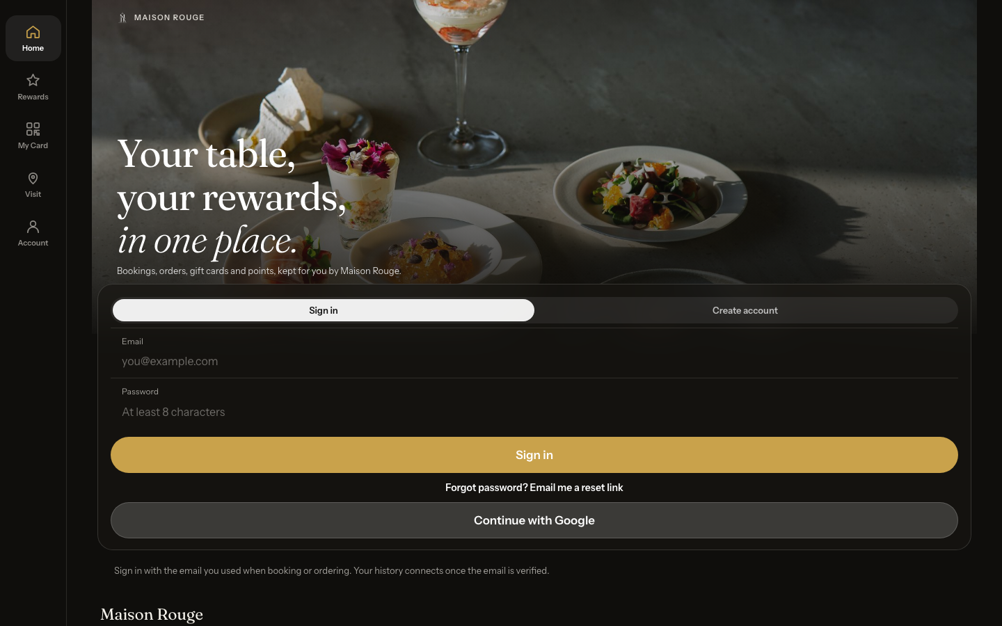 The /account page for a signed-out guest: the Sign in tab with email and password fields, a Forgot password link and Continue with Google, over a photograph from the restaurant