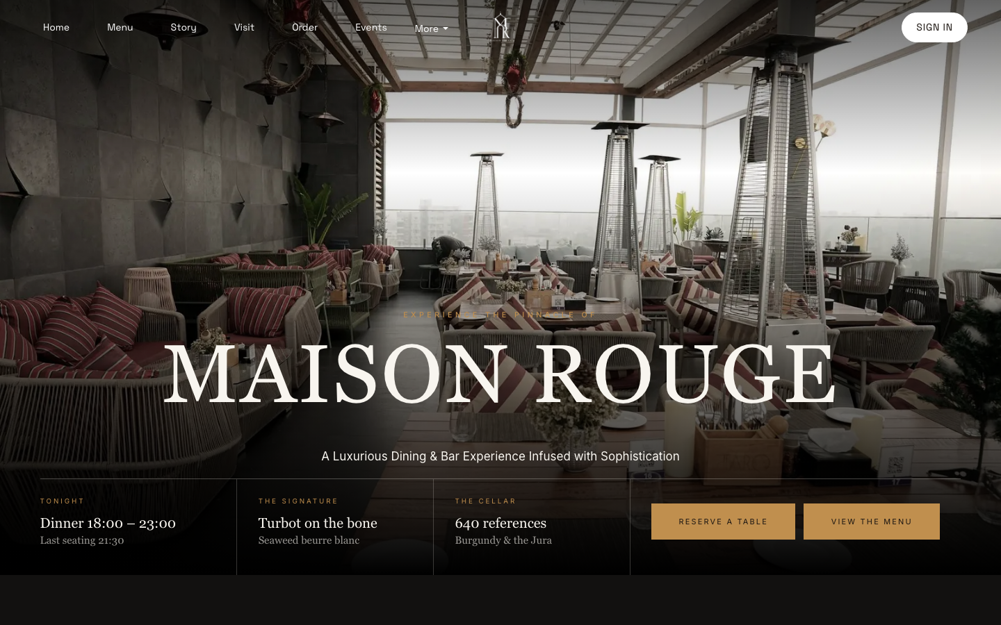 Maison Rouge&rsquo;s public home page hero, with the Reserve a table button