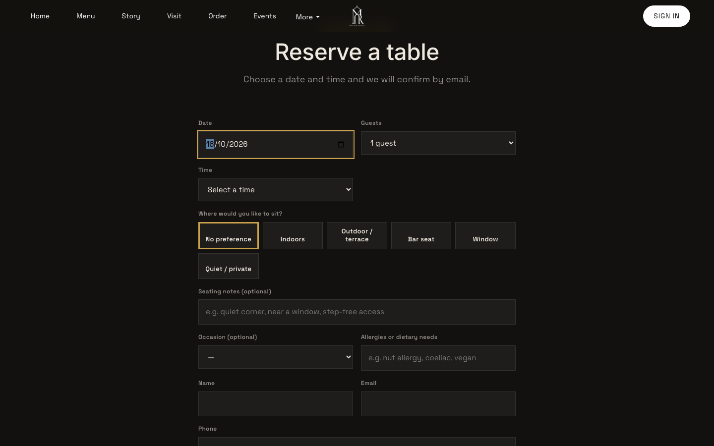 The booking form with a date entered and the Guests list ready to open
