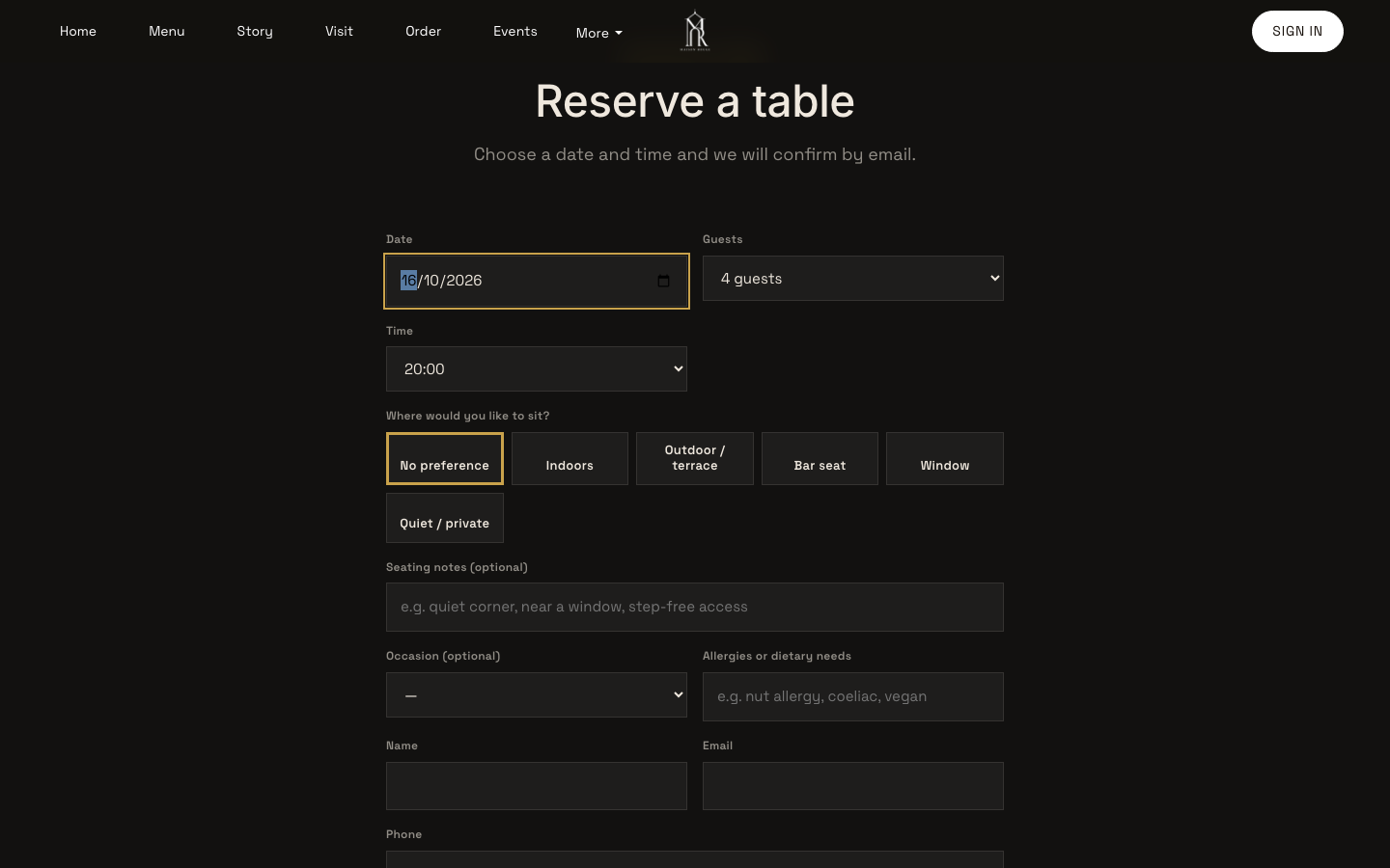 The booking form with 20:00 chosen and the six seating choices, Window about to be selected
