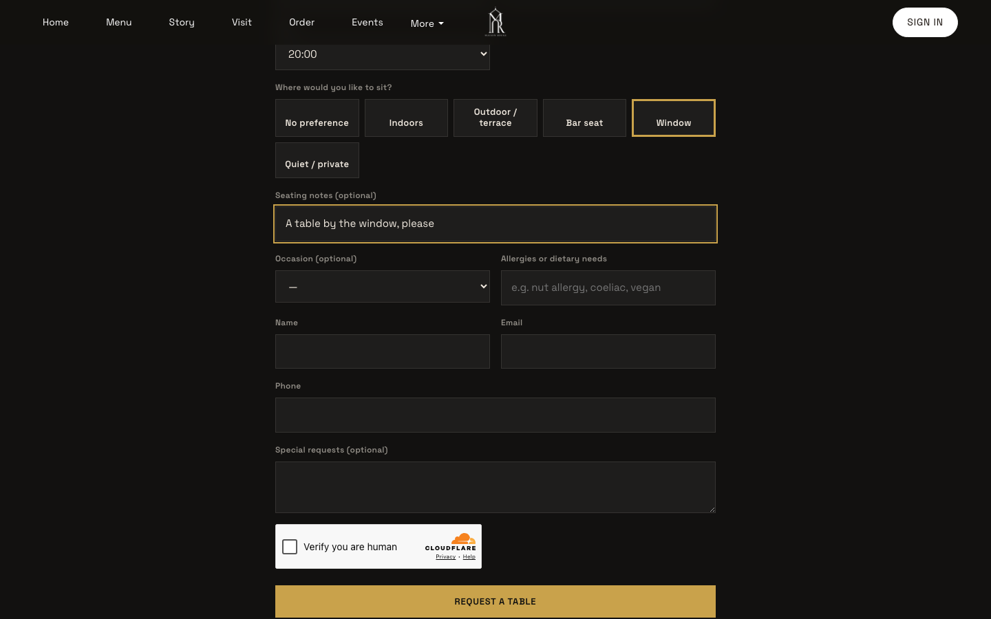The booking form with Window selected and a seating note typed, above the Occasion list