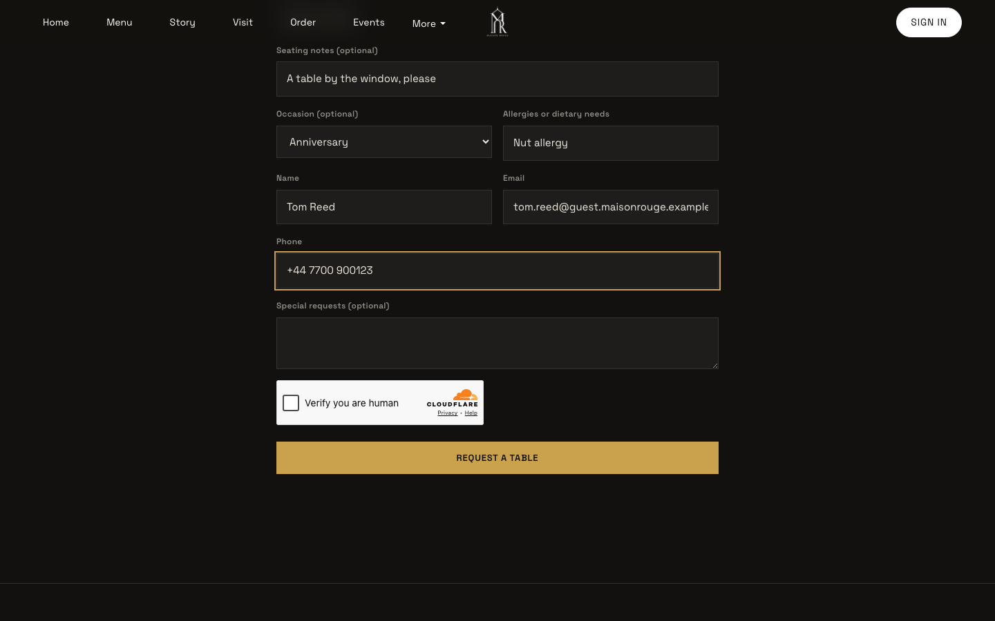 The booking form filled in with a name, email and phone, the human-verification check and the Request a table button