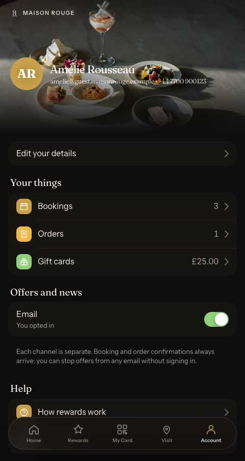 The guest App Home tab with the Account tab in the bottom bar