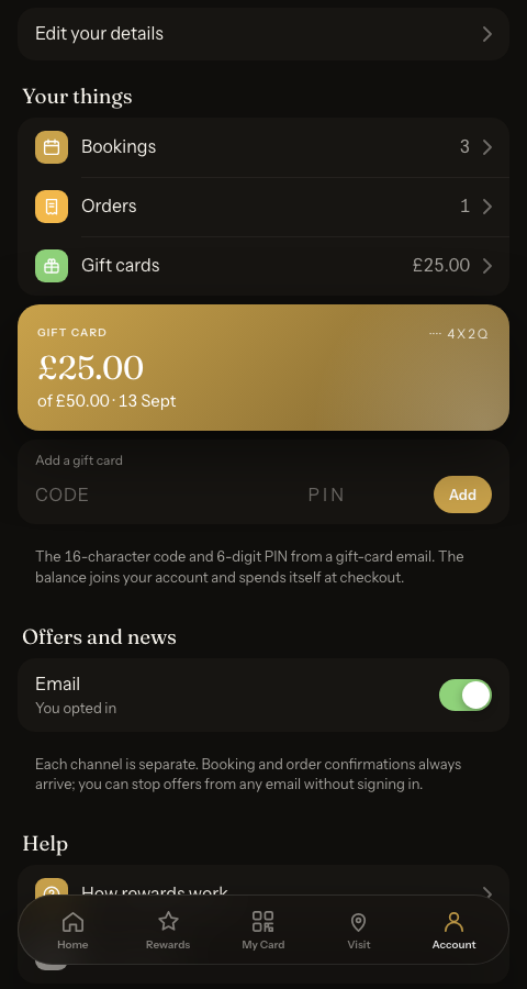 The Account tab with the Gift cards list open: a card balance and an Add a gift card Code and PIN field