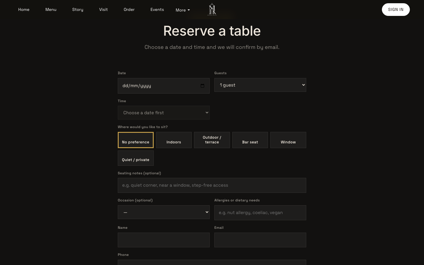 The Reserve a table form on Maison Rouge's site: Date, Guests, Time, six seating choices, seating notes, occasion and allergies fields