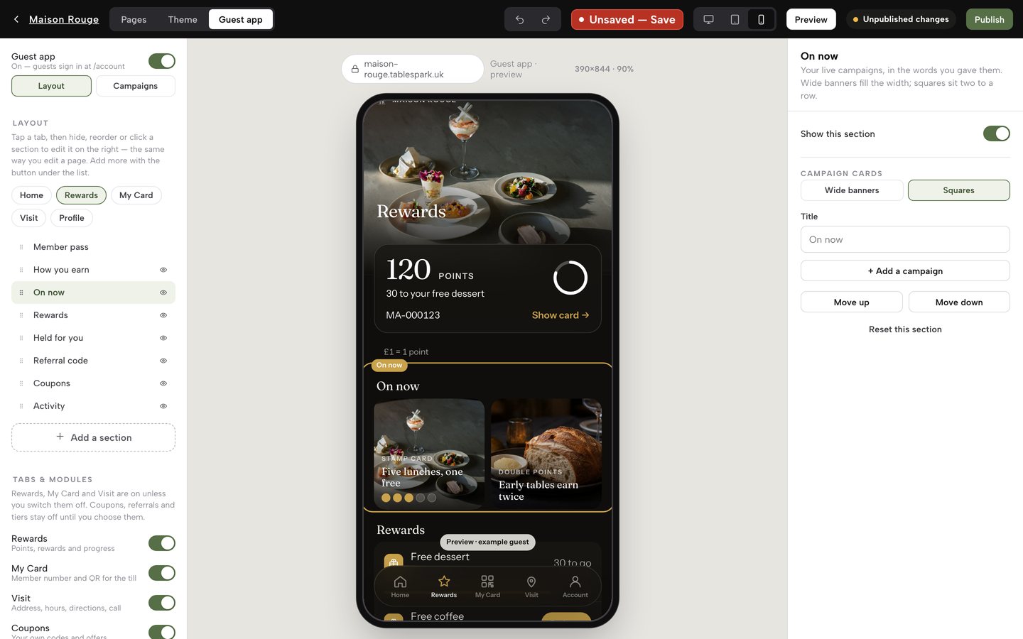 The On now section selected on the Rewards tab with Squares chosen in the Campaign cards row, the phone frame showing two campaign cards side by side instead of one wide banner