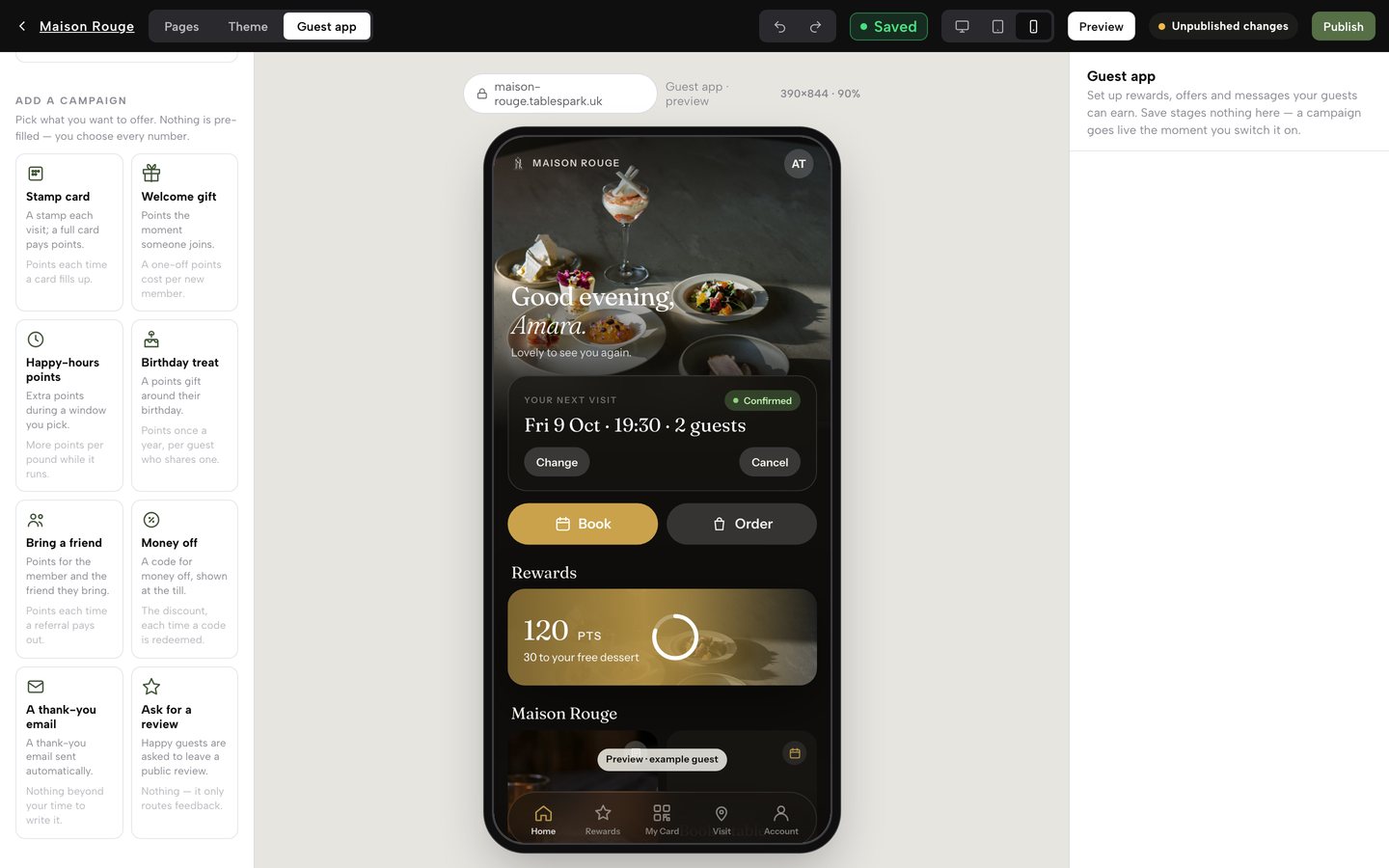 Scrolled down the same panel: the Add a campaign gallery of eight recipe cards, each with a one-line description of what the guest gets and what it costs the restaurant
