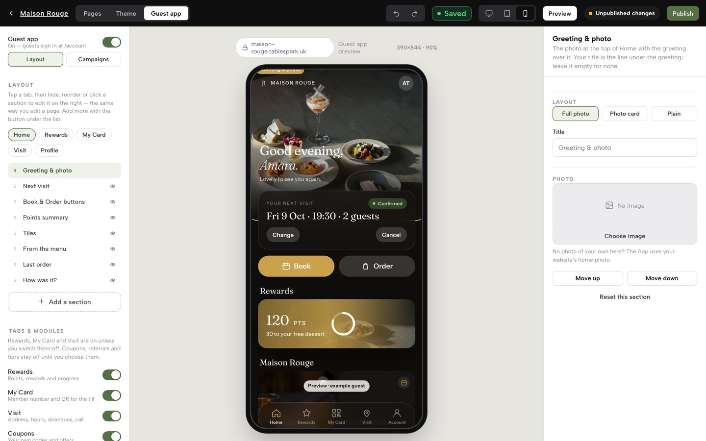 The Builder with Greeting & photo selected: its row highlighted in the left outline, the photo at the top of the phone highlighted, and the inspector open on the right with Layout, Title and Photo