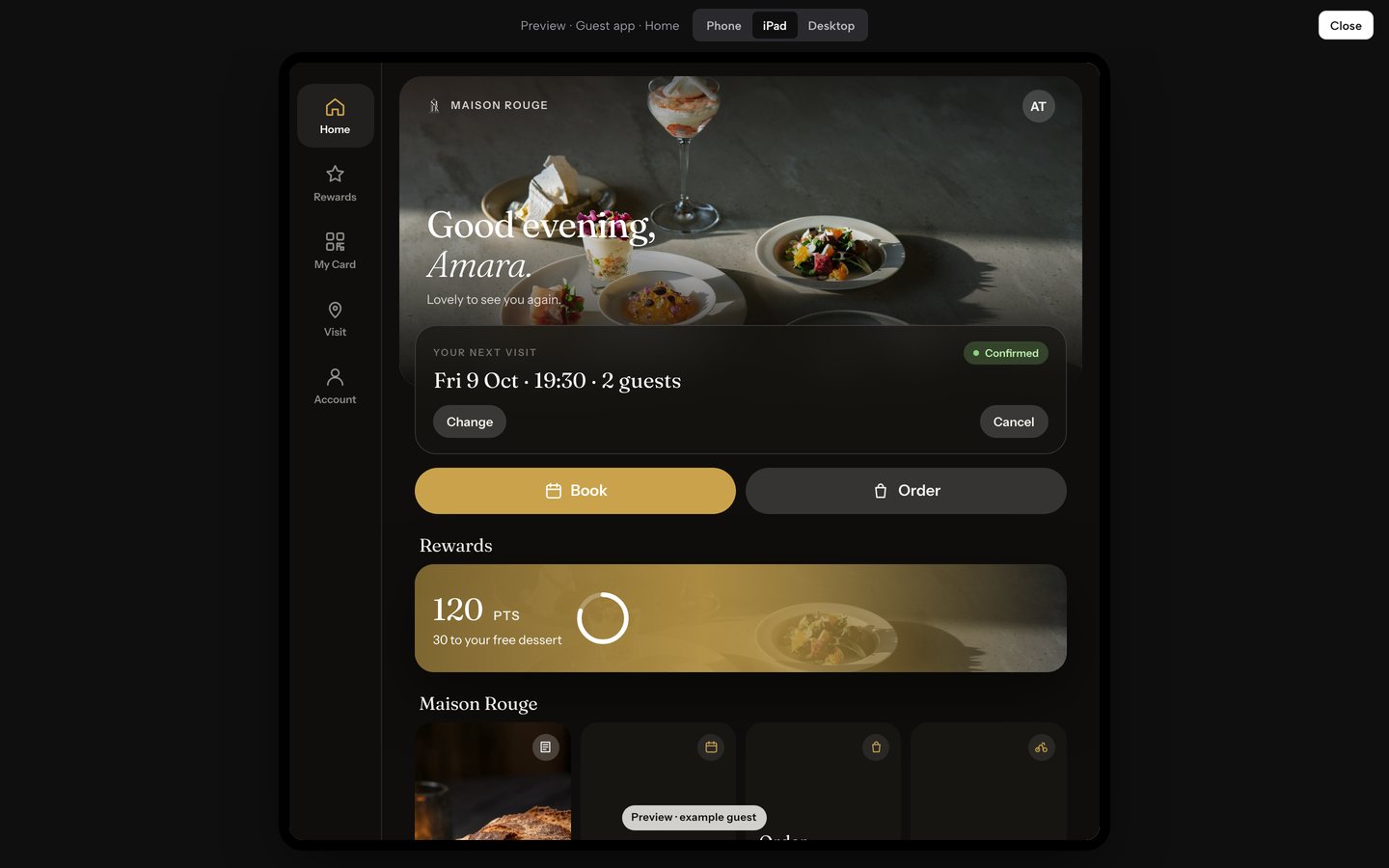 The Preview overlay showing the guest App at iPad size: the tab rail down the left, the greeting photo, Next visit, the Book and Order buttons and the Rewards pass