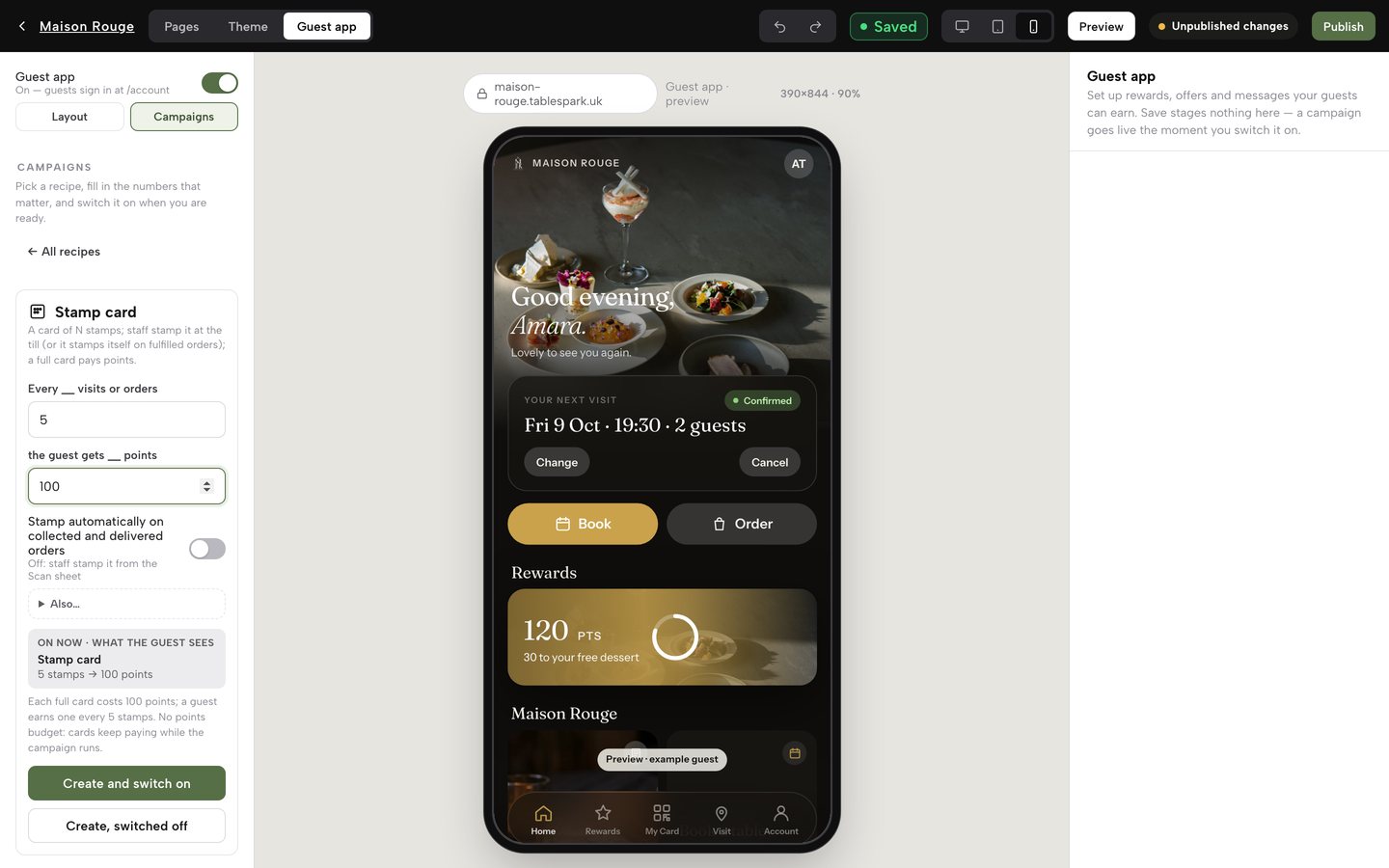 The Stamp card recipe form with 5 typed into 'Every __ visits or orders' and 100 into 'the guest gets __ points', the On now preview and the cost line underneath, and the Create and switch on and Create, switched off buttons