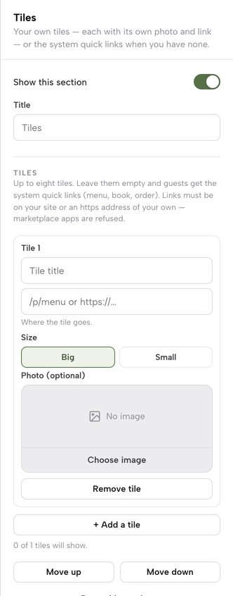 The Tiles block's inspector with one new tile open: Tile title, a link field, Big and Small sizes, an optional photo, Remove tile and + Add a tile