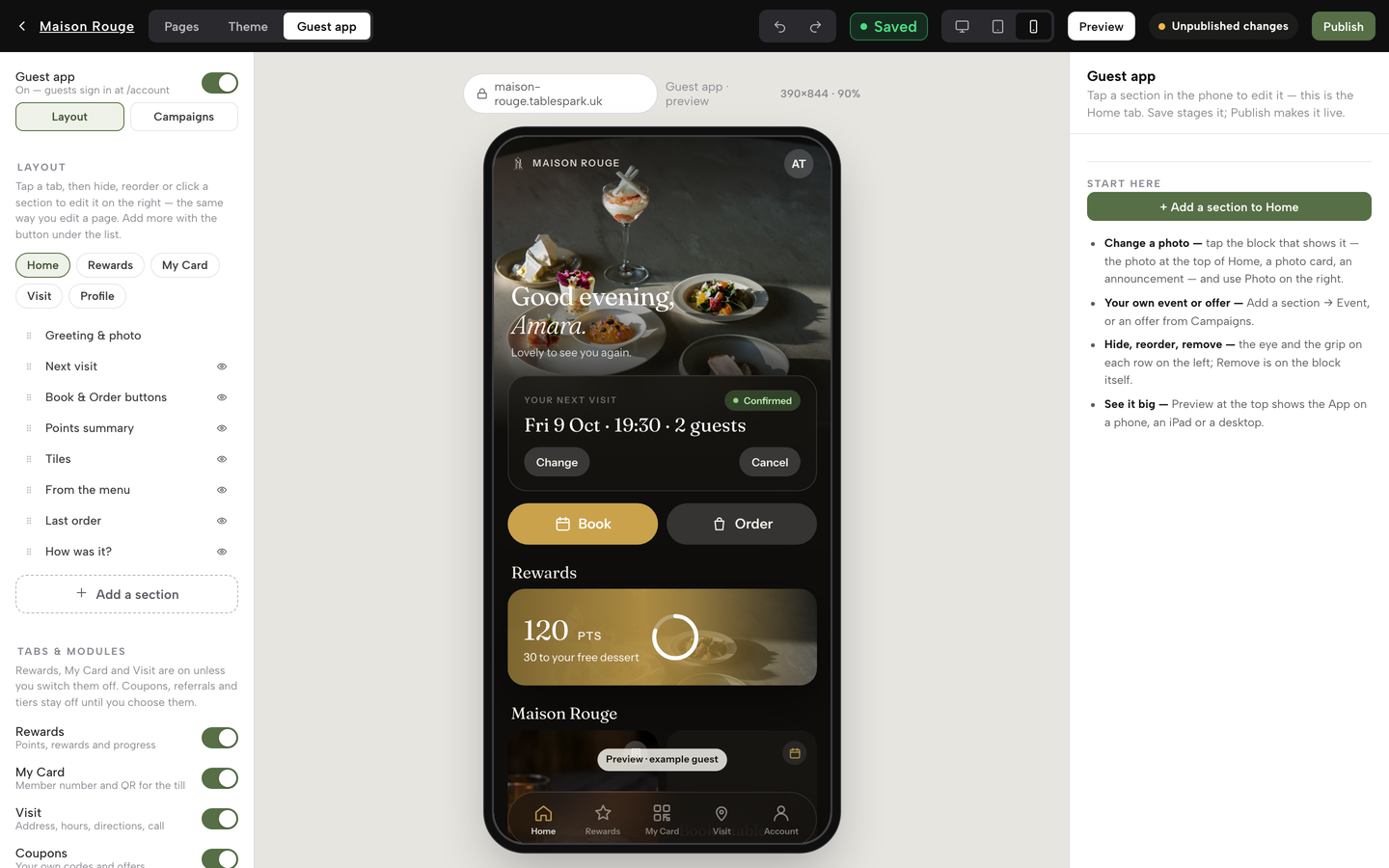 The Guest app tab in Layout mode: the Home tab&rsquo;s outline of sections down the left and the phone previewing the App for an example guest