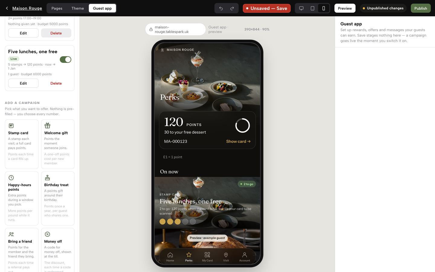 The Campaigns panel scrolled to the Add a campaign gallery of recipe cards