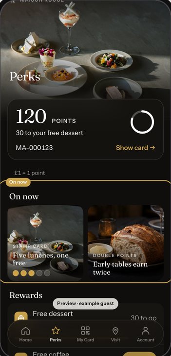 The Builder's phone preview of the Rewards tab, renamed Perks, with the On now campaigns as two square cards side by side, the shape chosen in the Builder's inspector