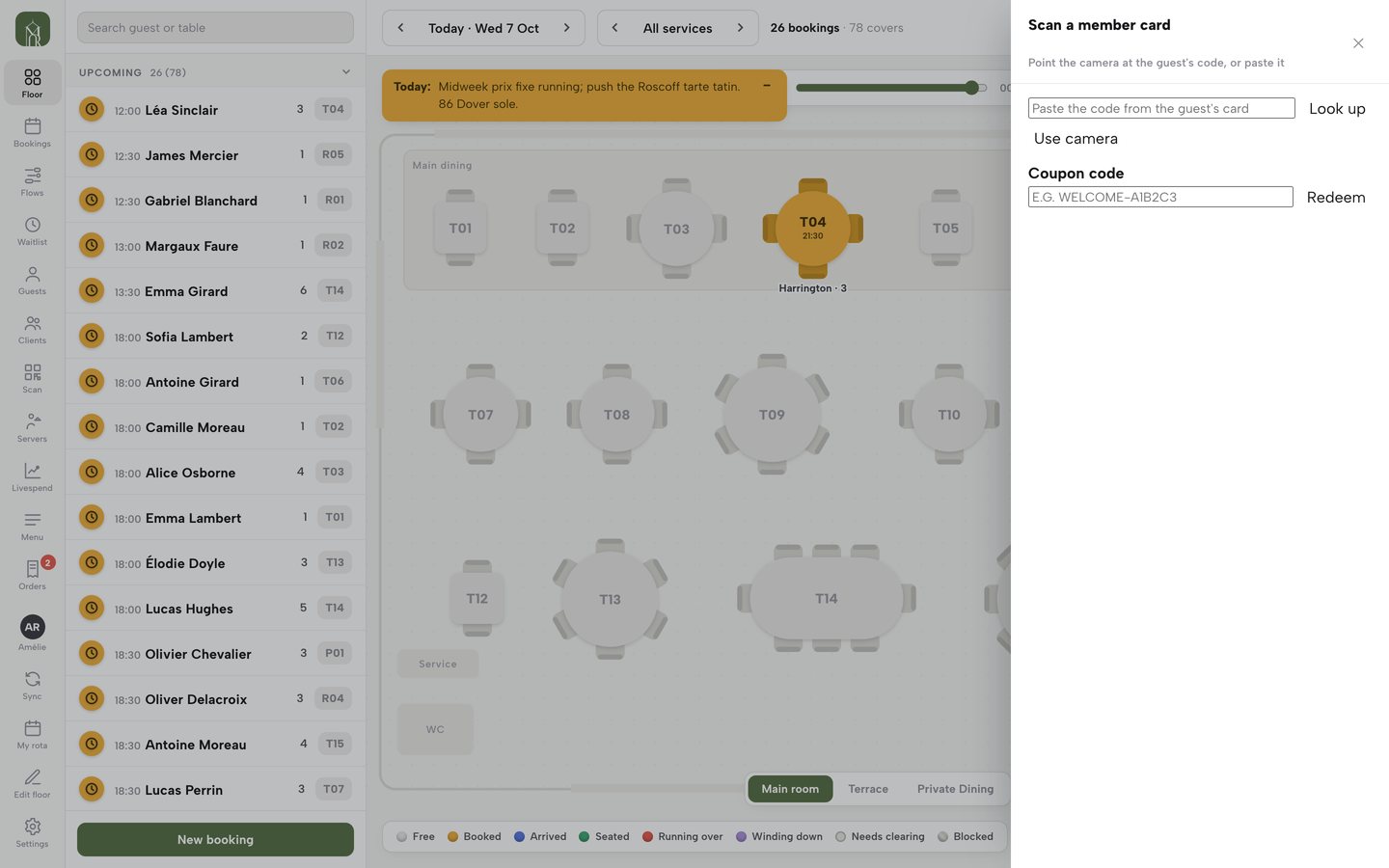 The Service console's Scan a member card sheet over the Maison Rouge floor: a field to paste the code from the guest's card, a Look up button, a Use camera button and a Coupon code field with Redeem