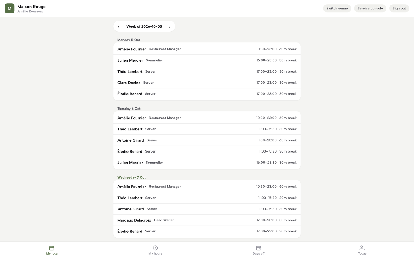 The My rota page listing the published week by day, with the My rota, My hours, Days off and Today tab bar