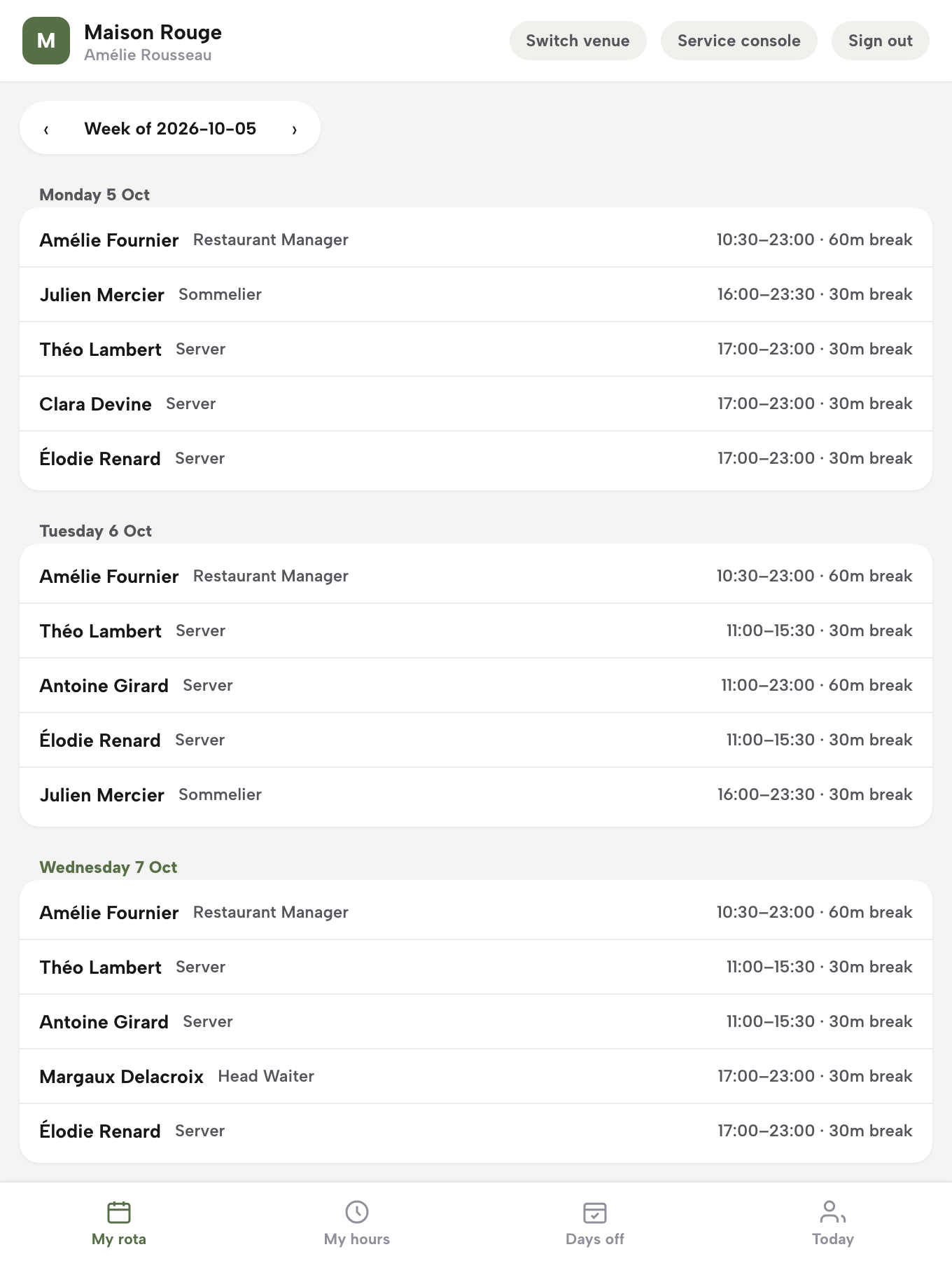 The My rota view on a phone-width screen: the published week listed by day with times, role labels and breaks, and the My rota, My hours, Days off and Today tab bar