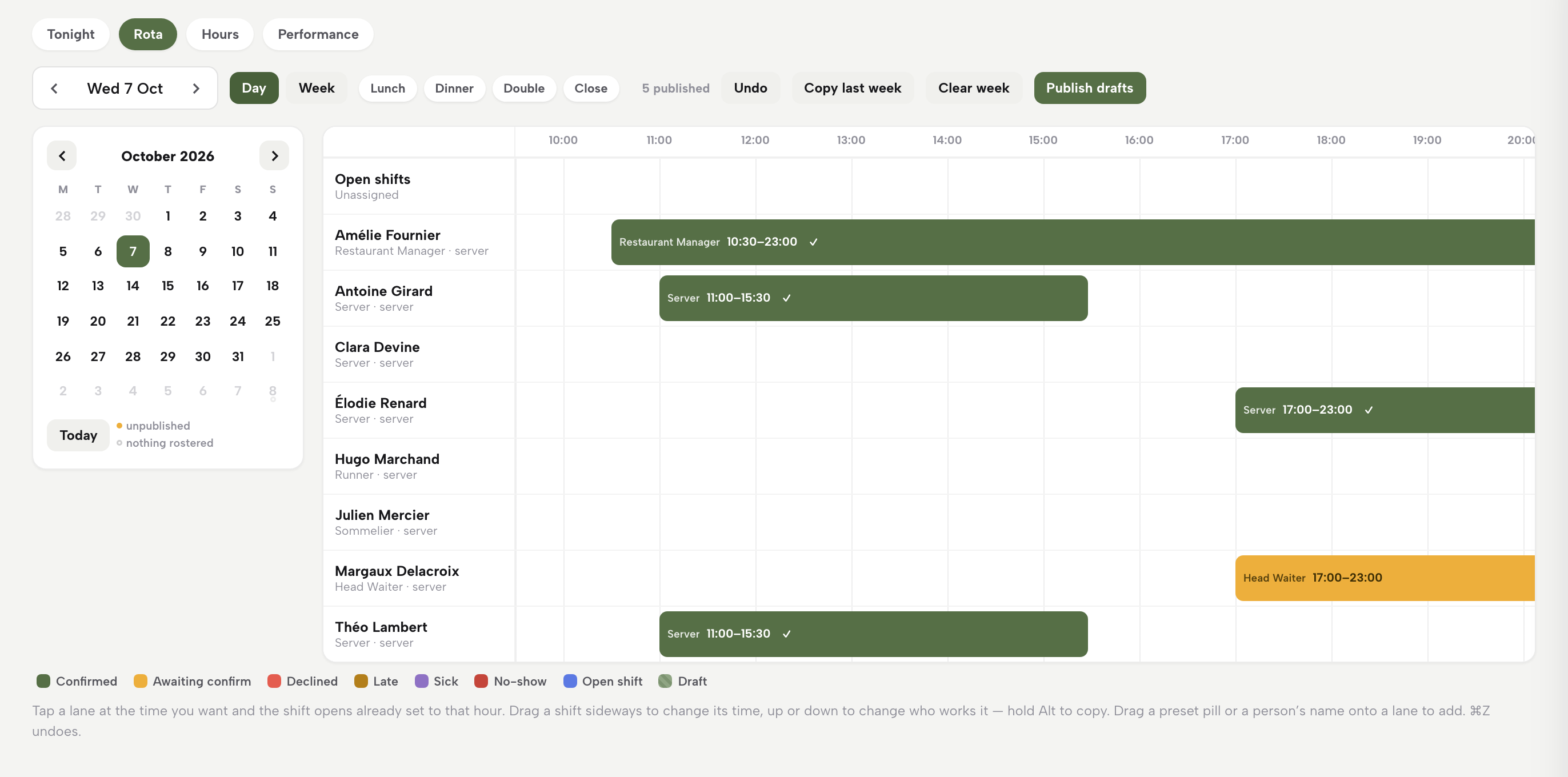 The rota's day view: a month calendar on the left and time-axis lanes per person, with role-labelled shift chips and the Day/Week, preset and Publish drafts controls